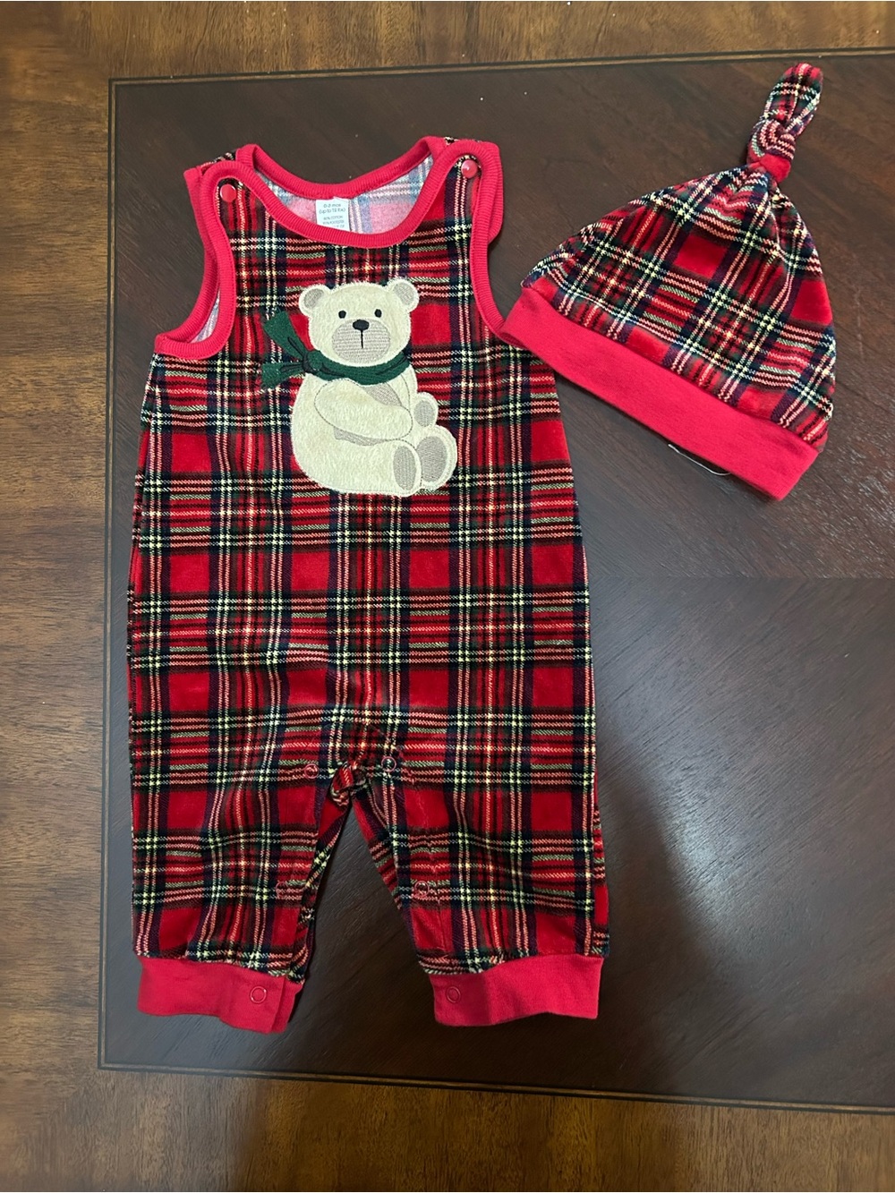 Baby 0-3M Christmas Tartan Plaid Teddy Bear Romper Hat Set Holiday Outfit
